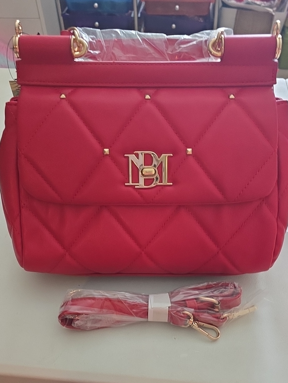 Badgley Mischka Quilted Red Satchel with Gold Logo Hardware